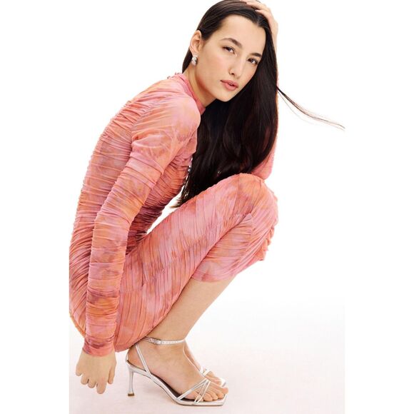 Rococo Sand Mabel Tie Dyed Ruched Long Sleeve Midi Dress in Pink & Orange Sz XS - Picture 5 of 15